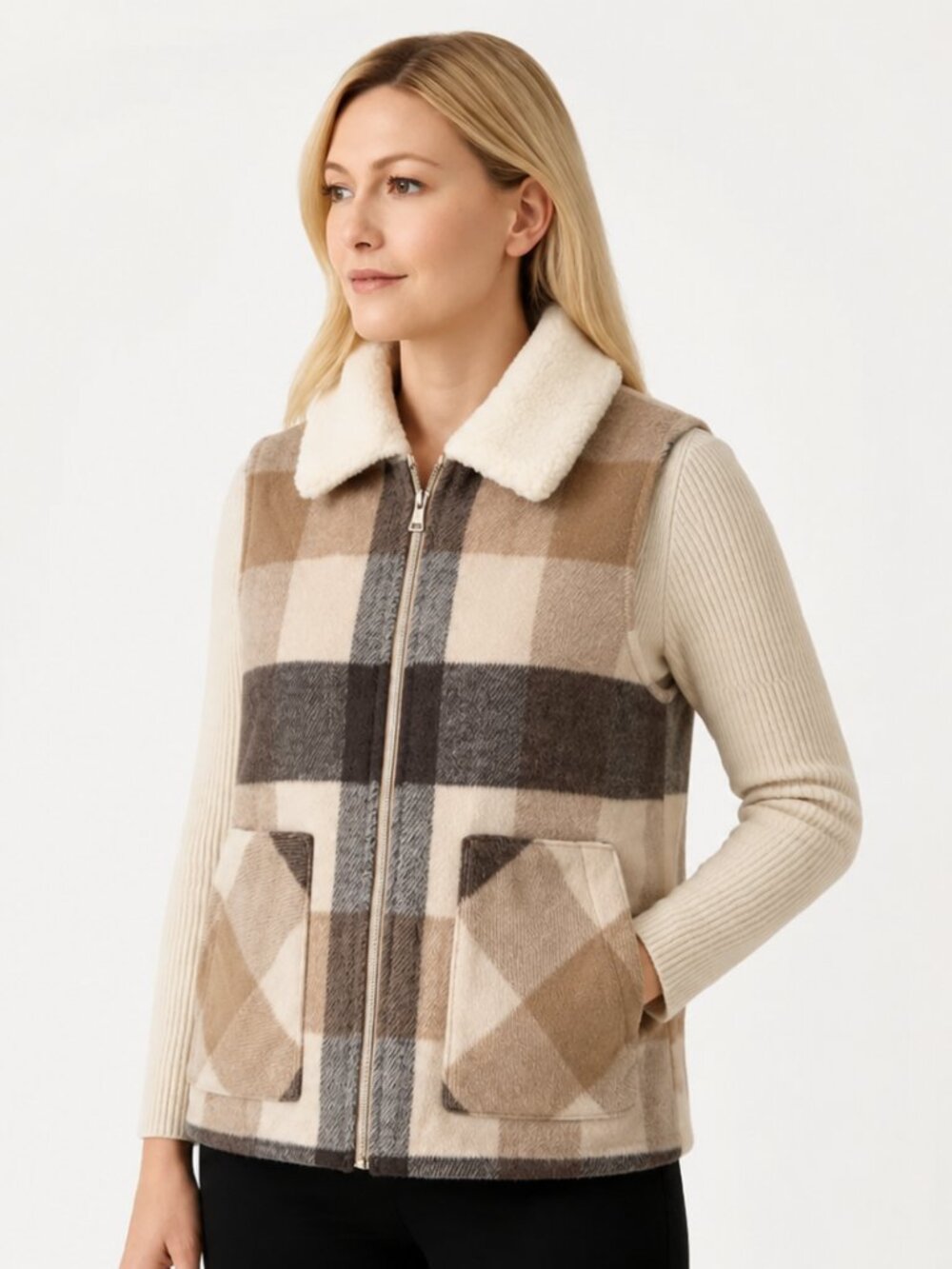 Sanctuary Women's Earth Colors Plaid Vest Cream Faux Shearling Collar Large NWT
